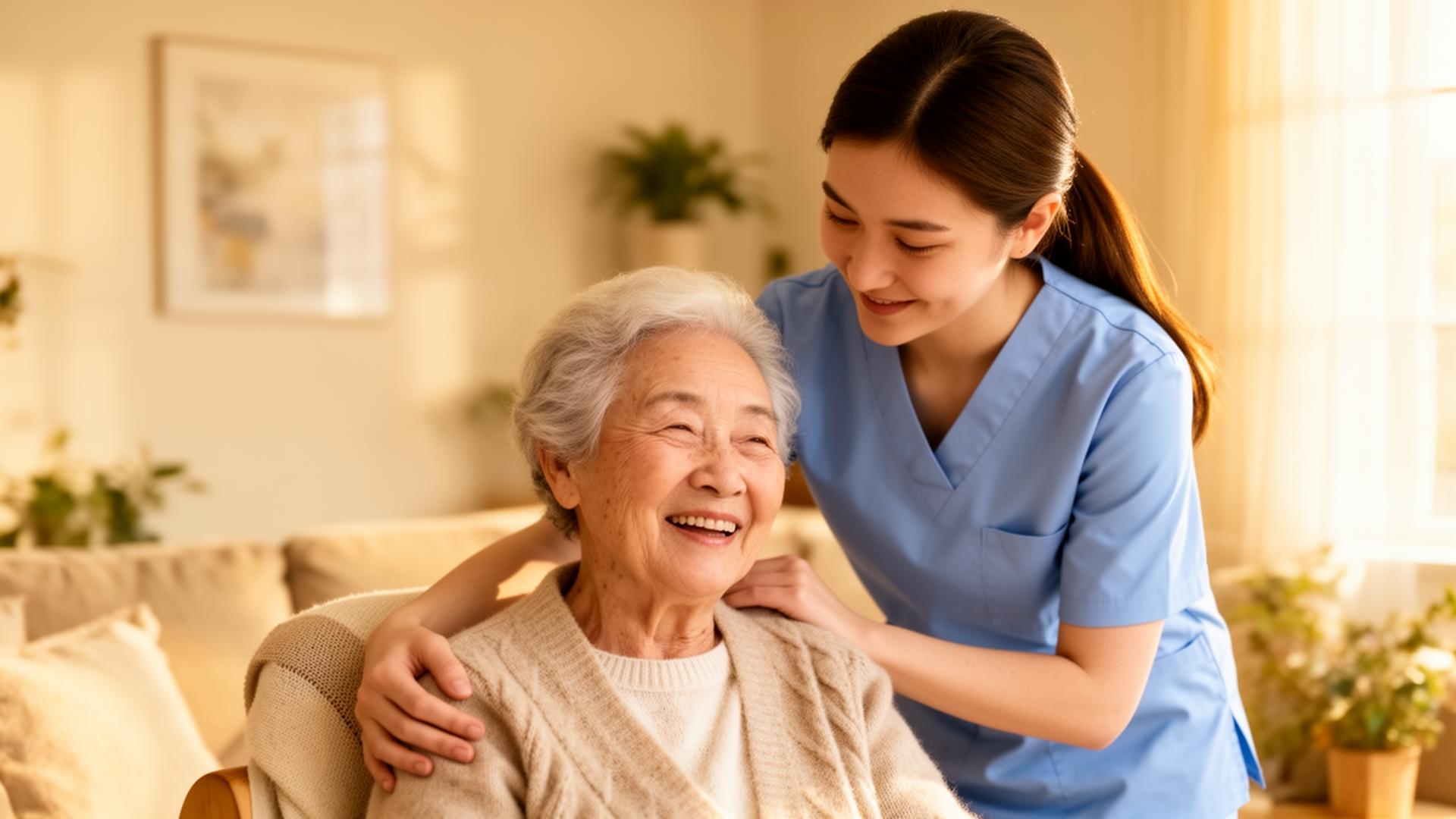 Compassionate caregiver supporting an elderly client at home